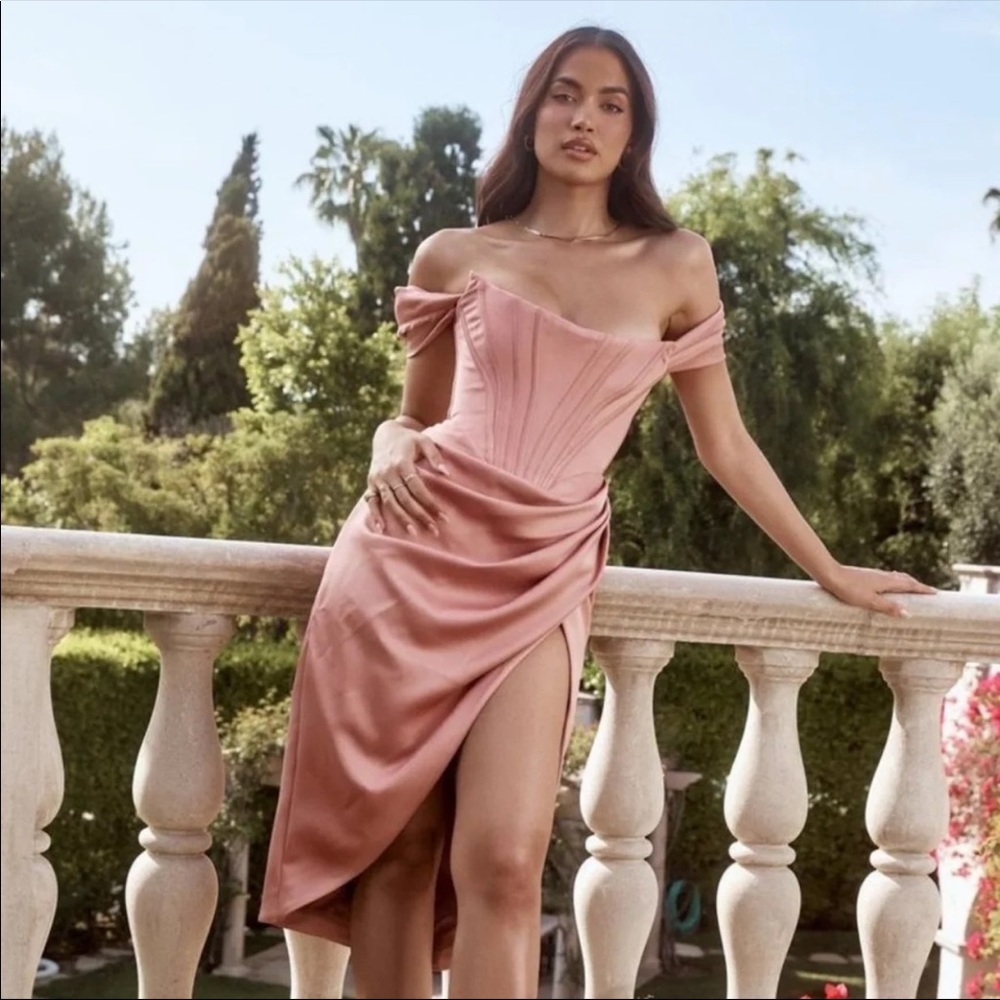 House of CB Loretta Blush Satin Off Shoulder Dress